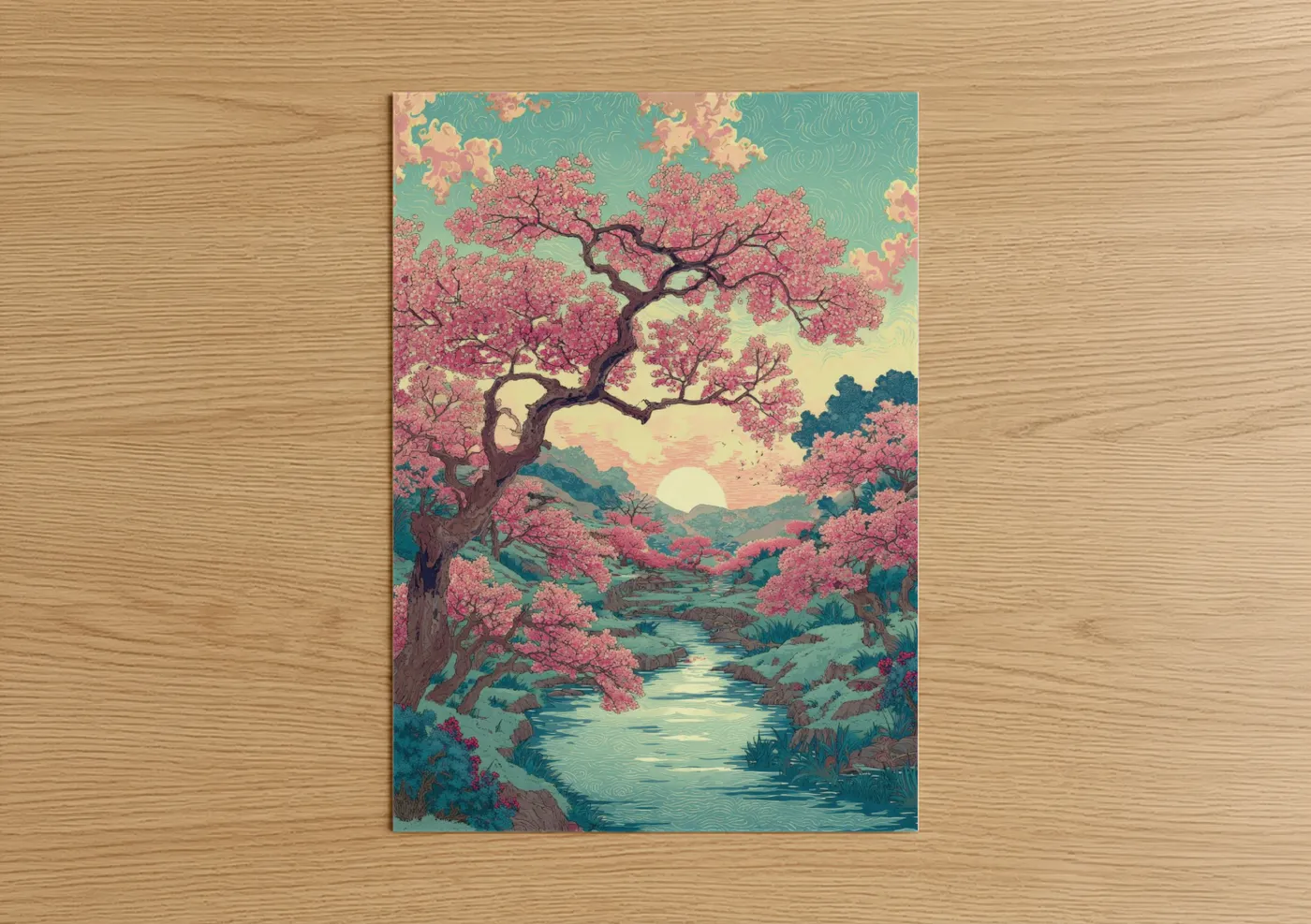 Cherry blossoms art print on warm oak wood — pink and teal palette — Blossom Stream Landscape poster