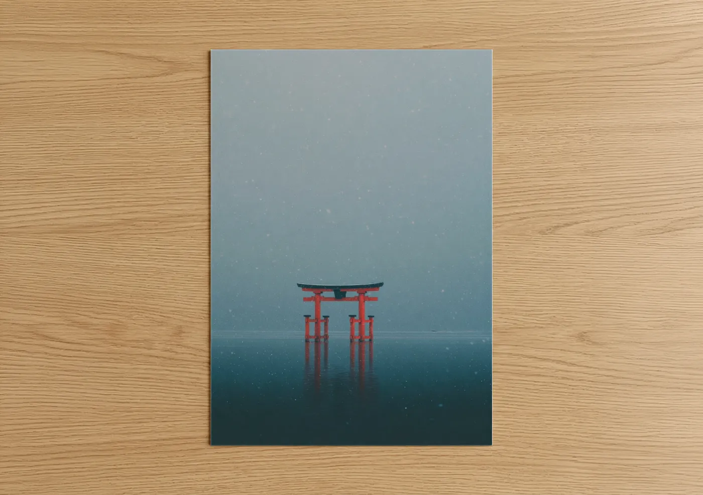 Arch art print on warm oak wood — blue and white and gray and white palette — Snowy Torii Gate poster
