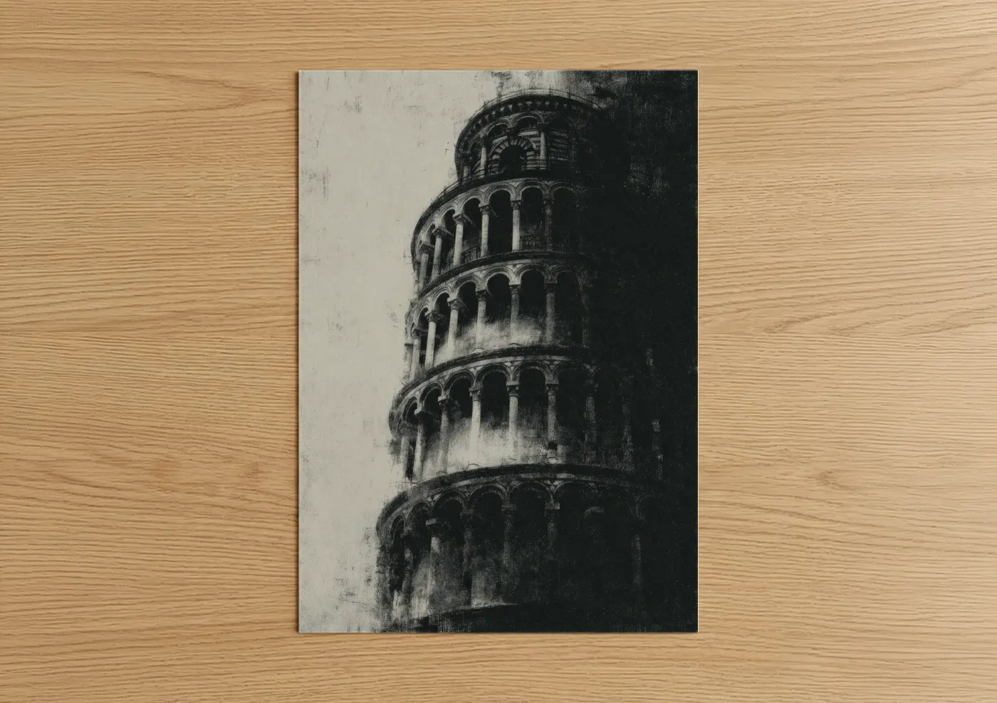 Leaning tower of pisa art print on warm oak wood — black and white and gray palette — Leaning Tower Monochrome poster