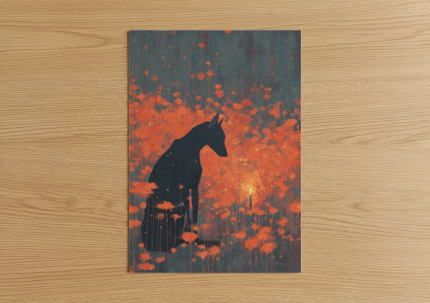 Dia de los muertos art print on warm oak wood — red and dove gray palette — Solitary Vigil poster