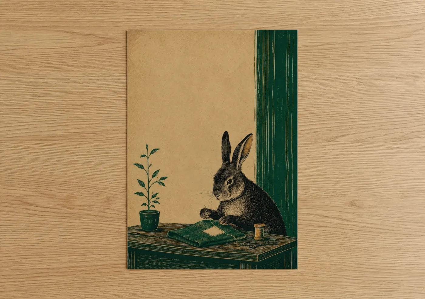 Art print on warm oak wood — true green and beige palette — Rabbit Sewing Illustration Wall Art poster