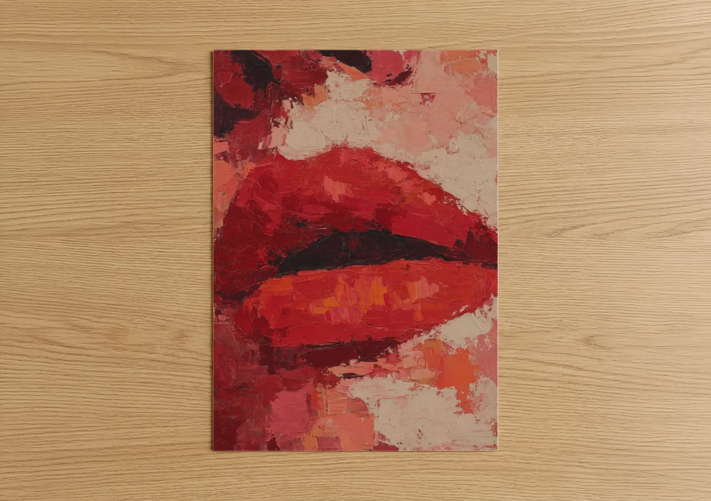 Art print on warm oak wood — red and cream palette — Crimson Lip Study poster