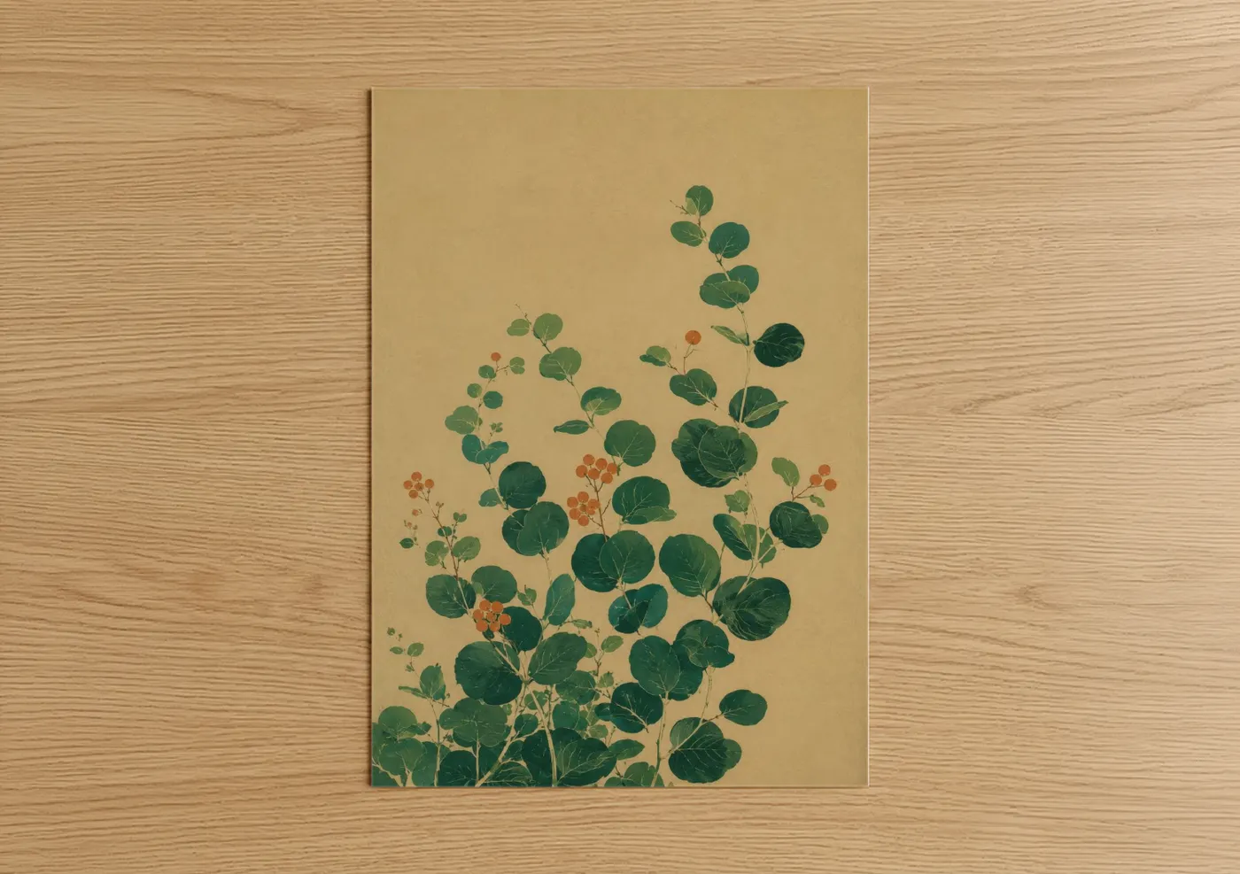 Leaf art print on warm oak wood — green and beige palette — Botanical Eucalyptus Branch Wall Art poster