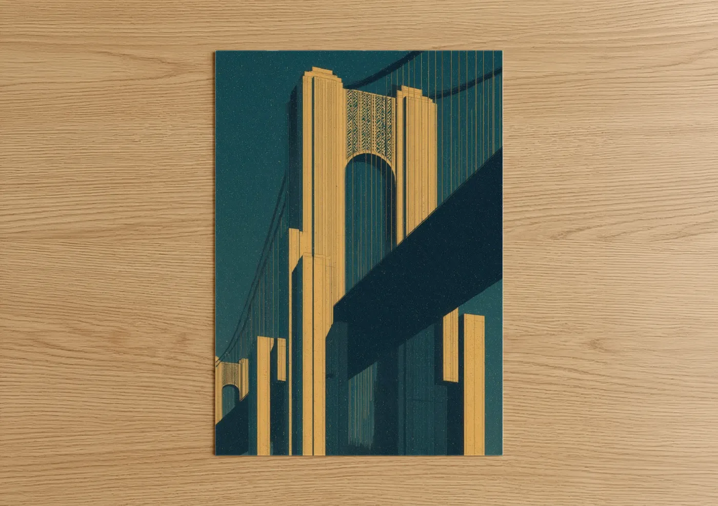 Bridges art print on warm oak wood — yellow gold and teal palette — Golden Suspension Bridge poster