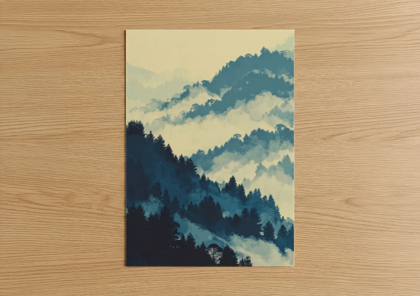 Pine forest art print on warm oak wood — teal and cream palette — Misty Pine Mountains poster
