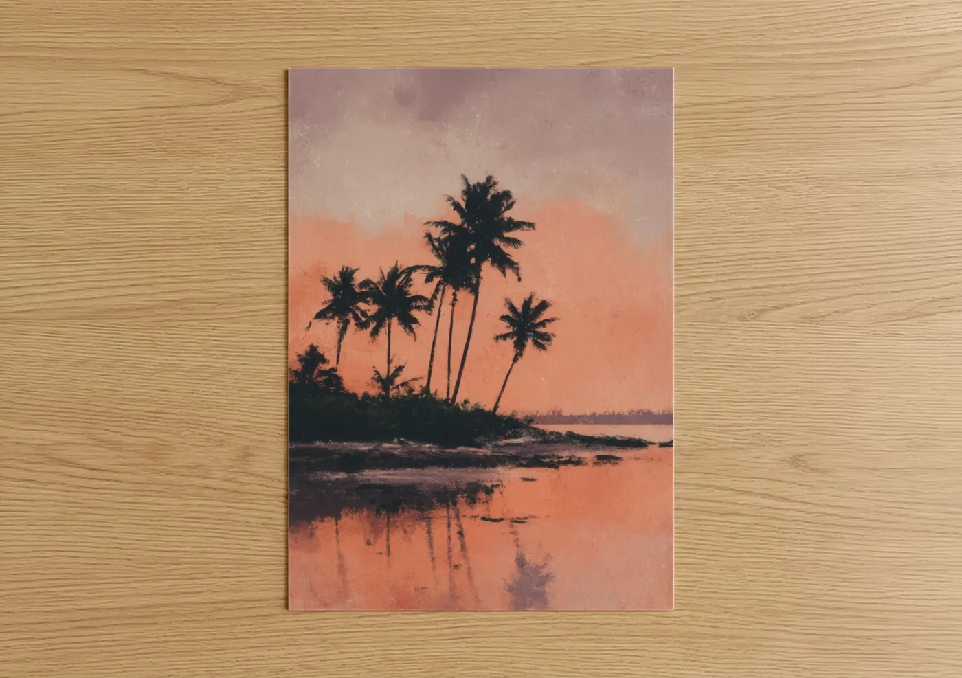 Beach sunrise and sunsets art print on warm oak wood — peach and orange palette — Tropical Sunset Palms poster