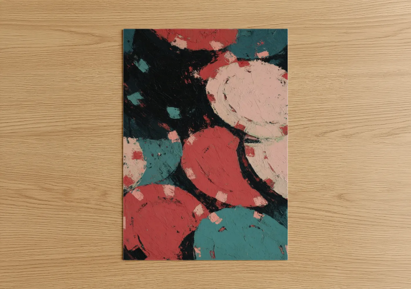 Art print on warm oak wood — red and teal palette — Abstract Card Game poster