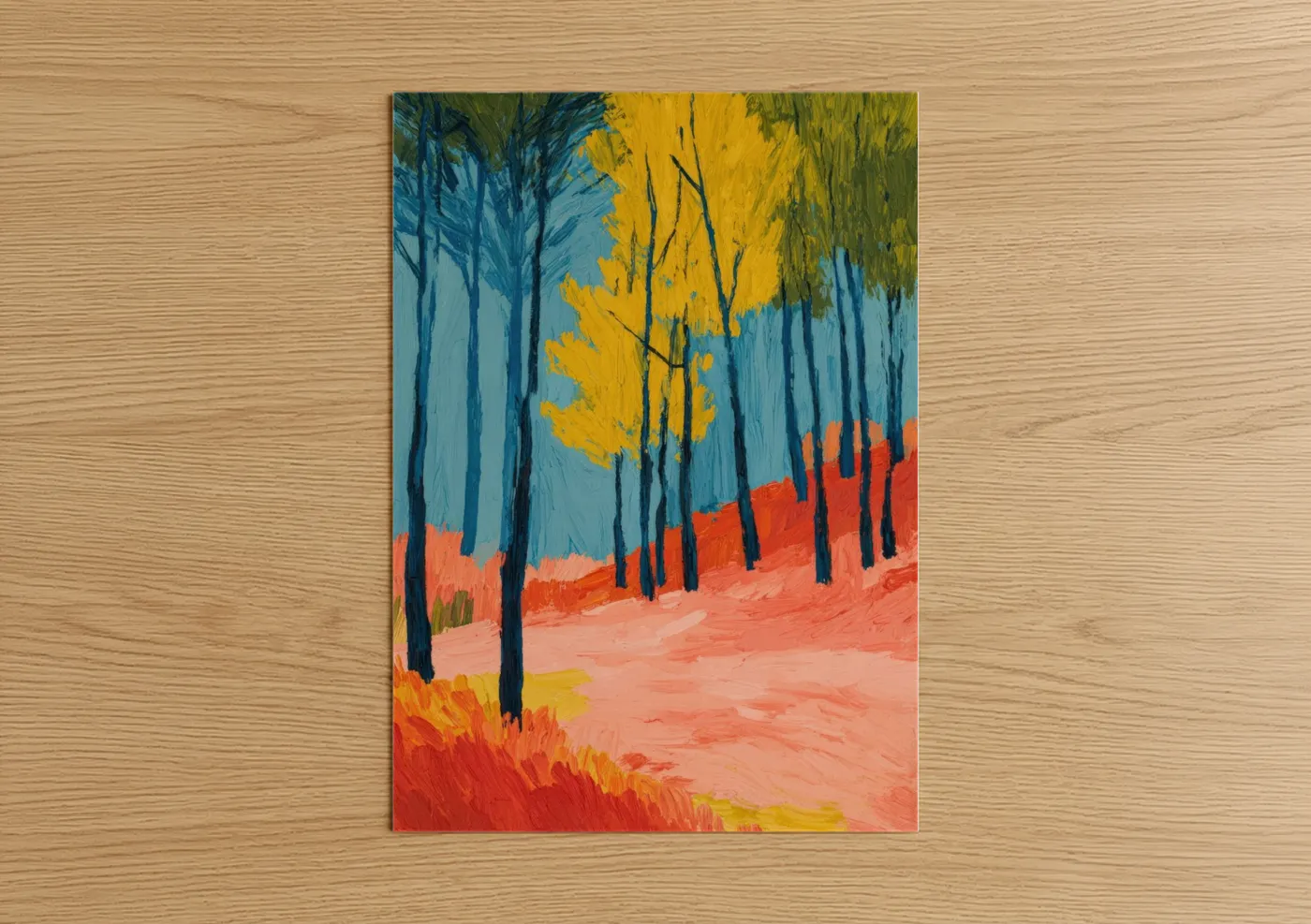 Art print on warm oak wood — blue and orange palette — Autumn Willow Forest poster