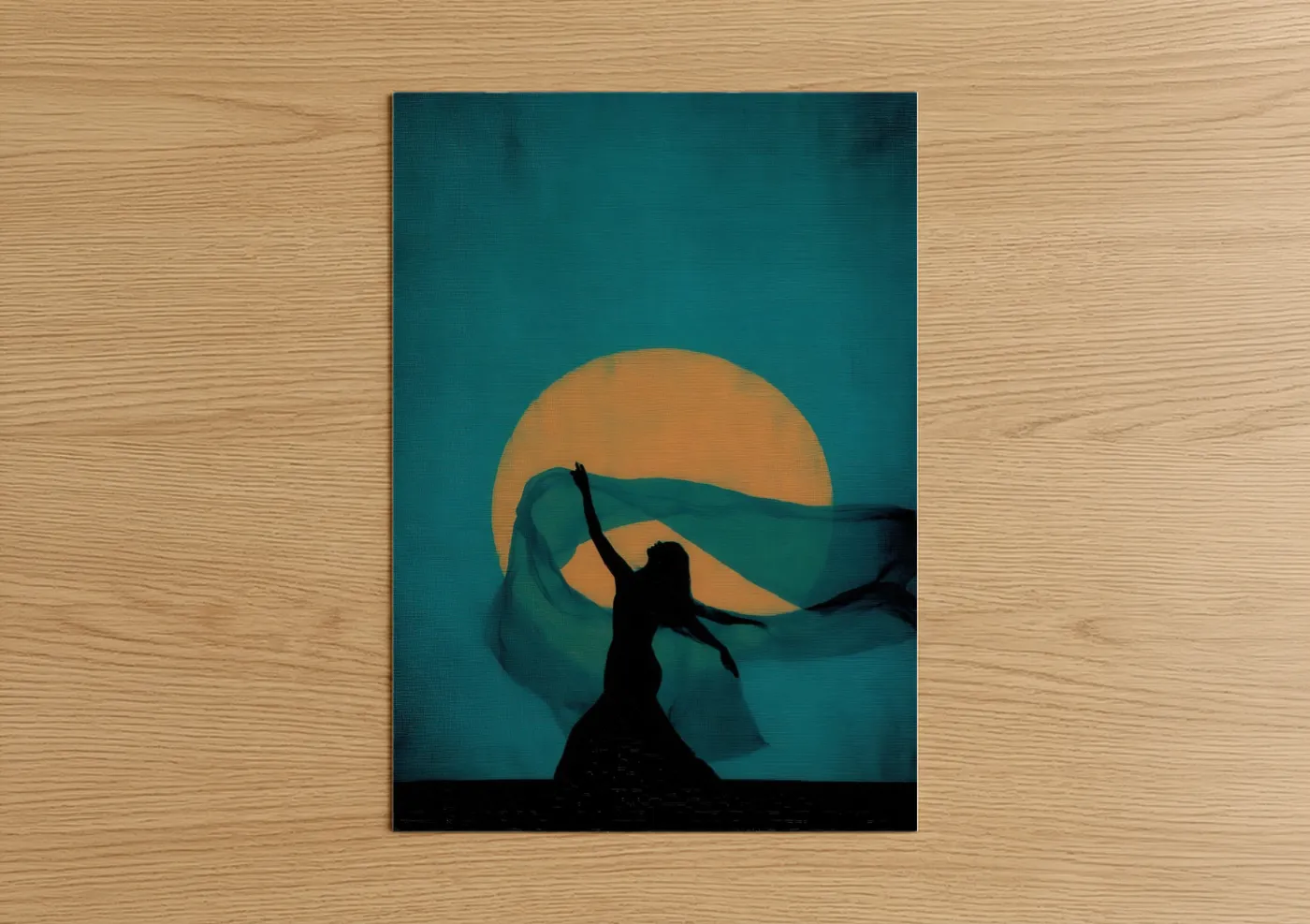 Belly dance art print on warm oak wood — teal and gold palette — Moonlit Dancer poster
