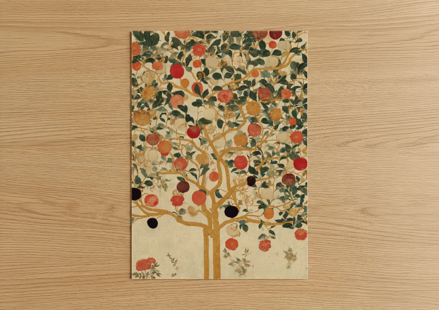 Christian symbols art print on warm oak wood — gold and red palette — Pomegranate Tree Blessing poster
