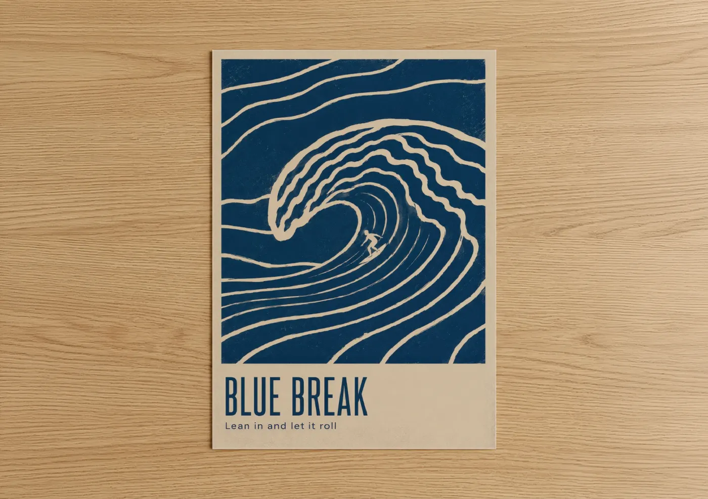 Seascapes and ocean art print on warm oak wood — blue and cream palette — Minimalist Wave Surfing Wall Art poster