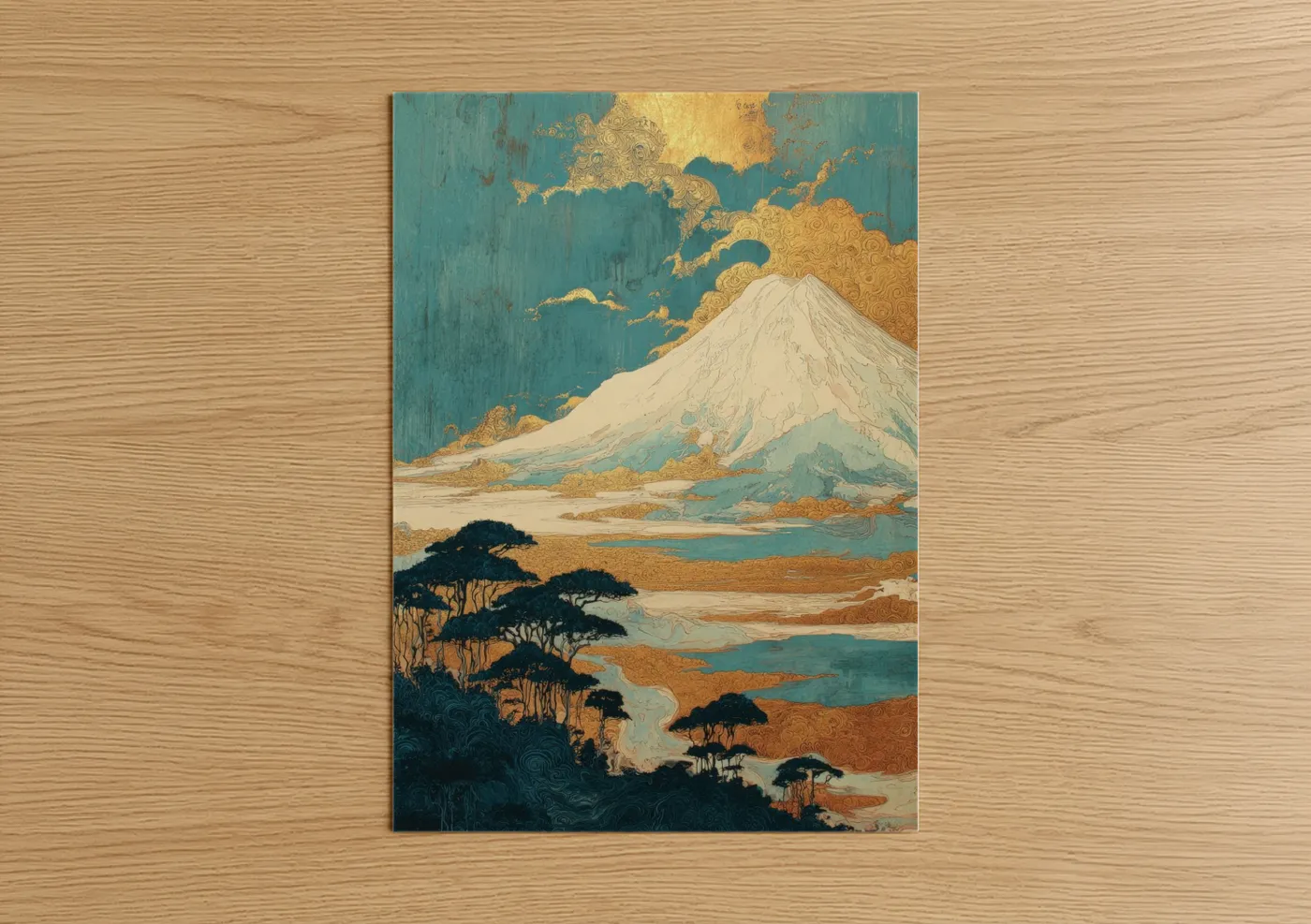 Art print on warm oak wood — teal and gold and white palette — Mount Fuji Landscape poster