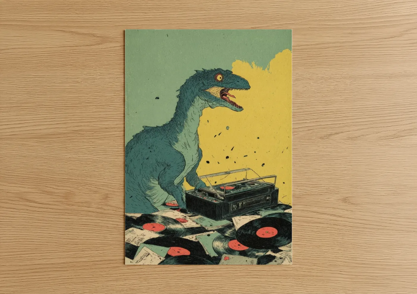 Dinosaur Playing Vinyl Records Illustration Wall Art