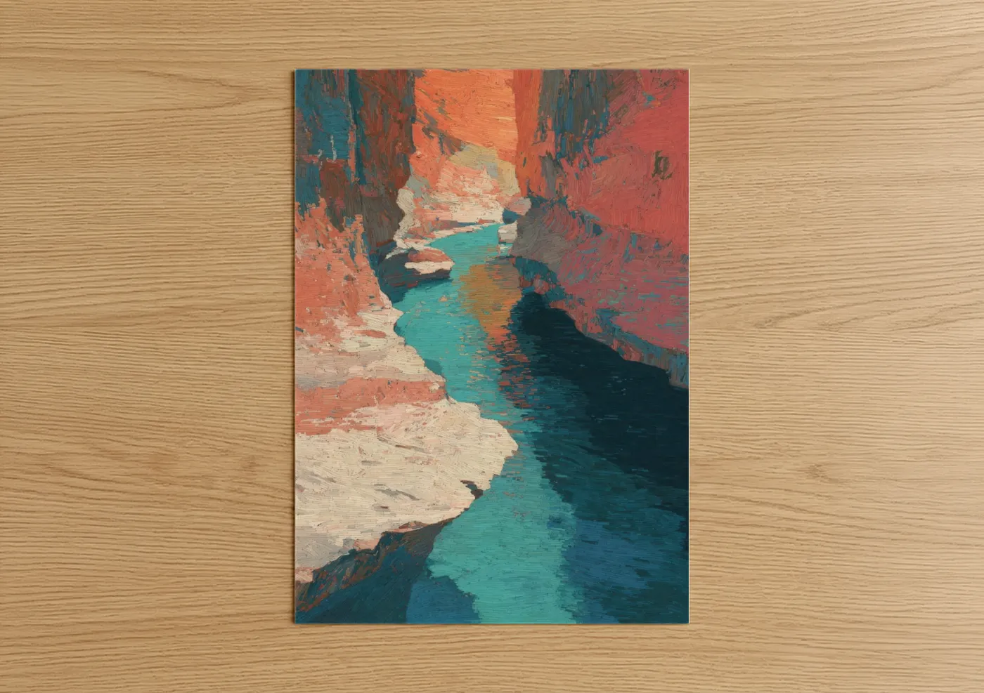 Art print on warm oak wood — red and turquoise palette — Turquoise Canyon poster