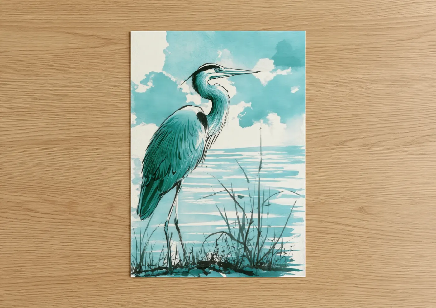 Art print on warm oak wood — blue and white and teal palette — Coastal Heron poster
