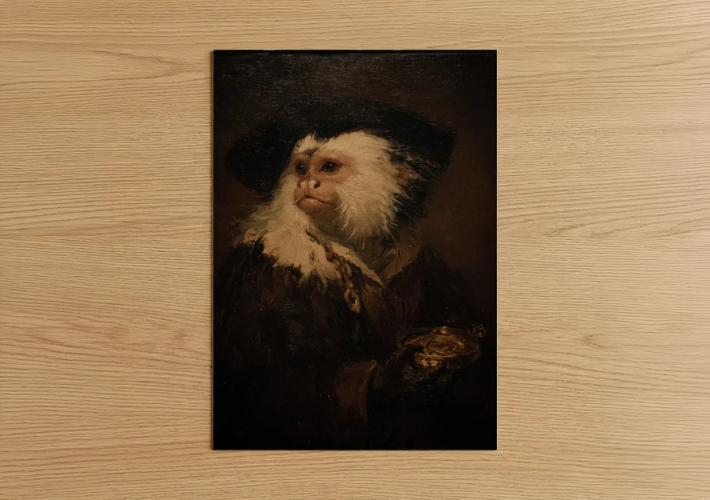 Art print on warm oak wood — black and gold palette — Contemplative Monkey poster