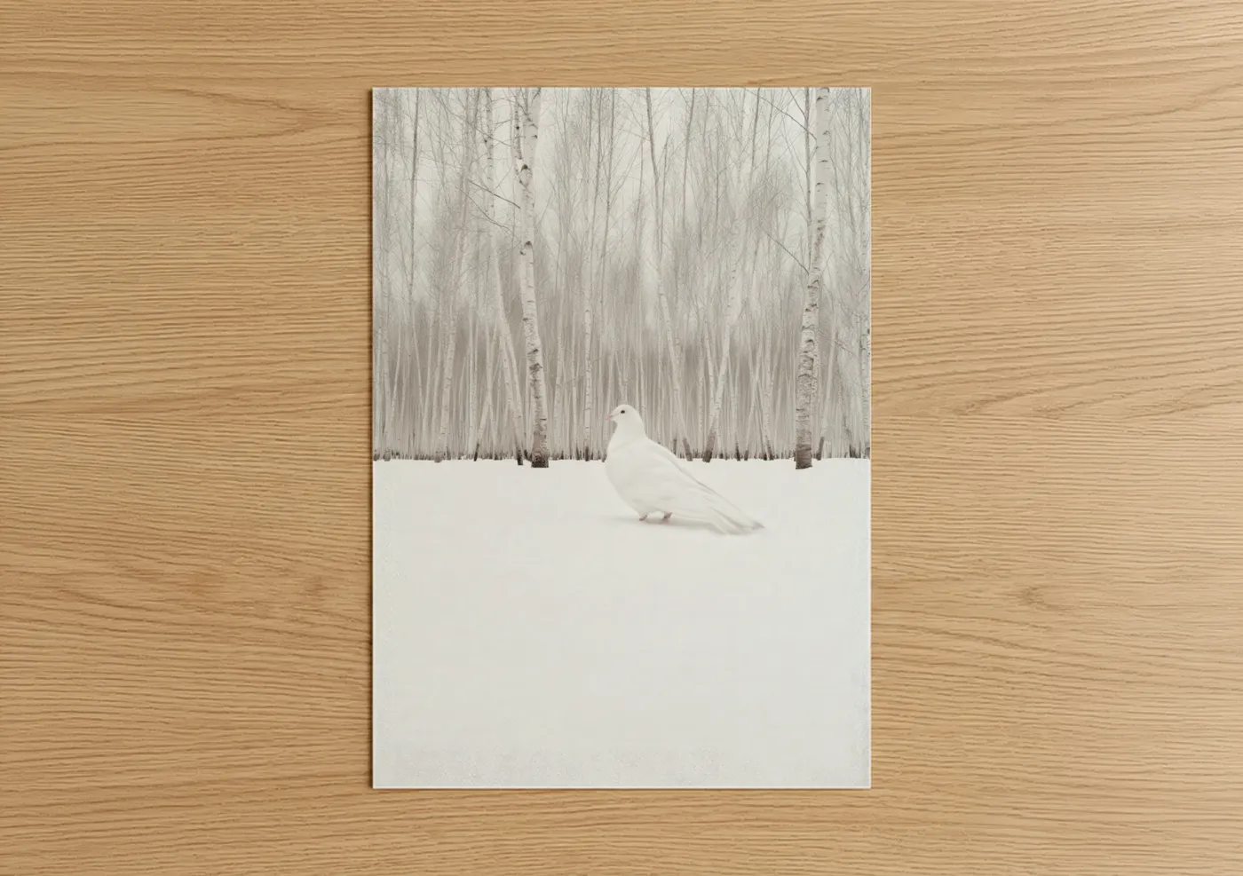 Art print on warm oak wood — white and gray palette — Winter Dove poster