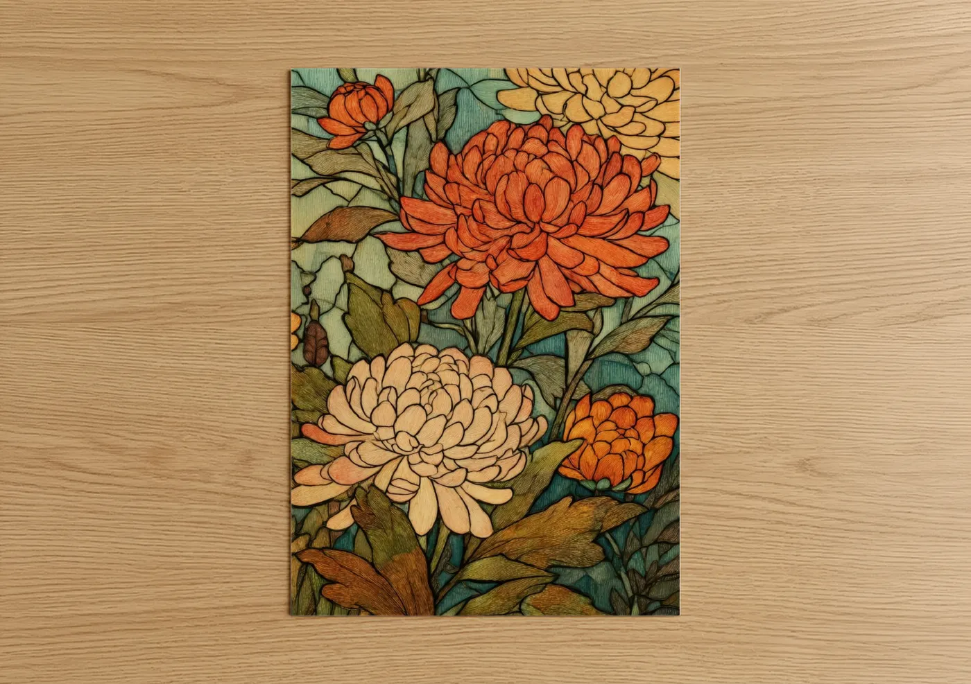Autumn Chrysanthemums Floral Woodblock Wall Art