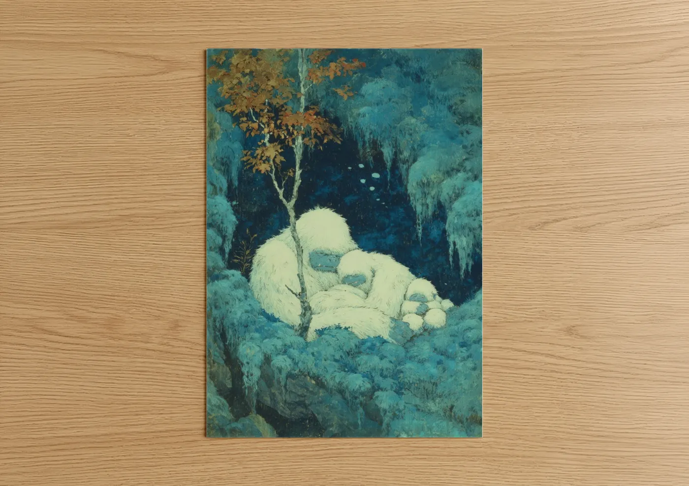 Art print on warm oak wood — blue and gold palette — Snowy Yeti Forest poster