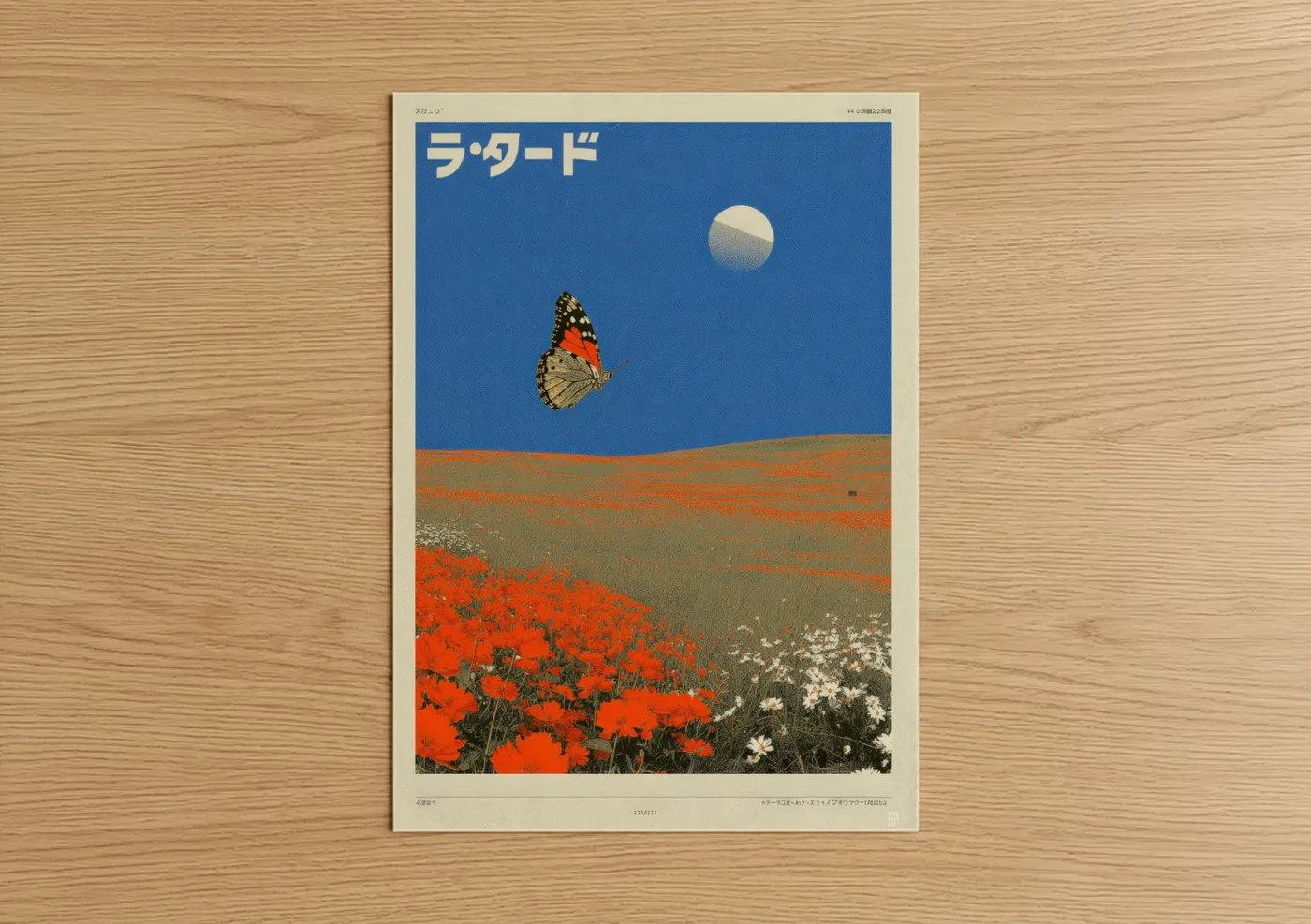 Japanese y2k art print on warm oak wood — blue and red palette — Butterfly Meadow poster
