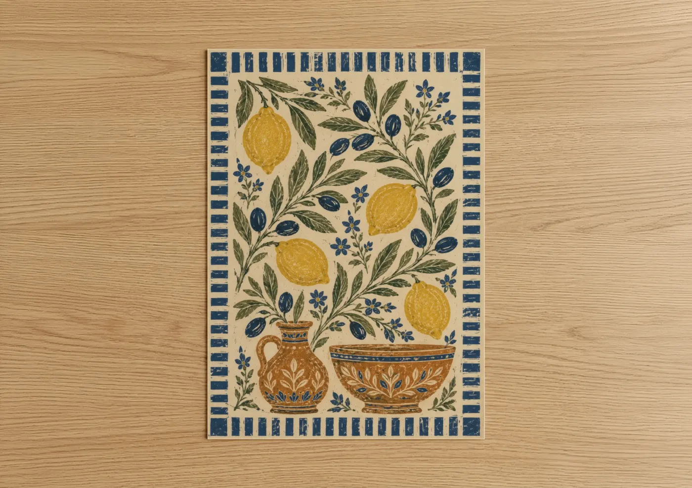 Fruit art print on warm oak wood — yellow gold and blue palette — Mediterranean Lemon Olive Branch Kitchen Wall Art poster