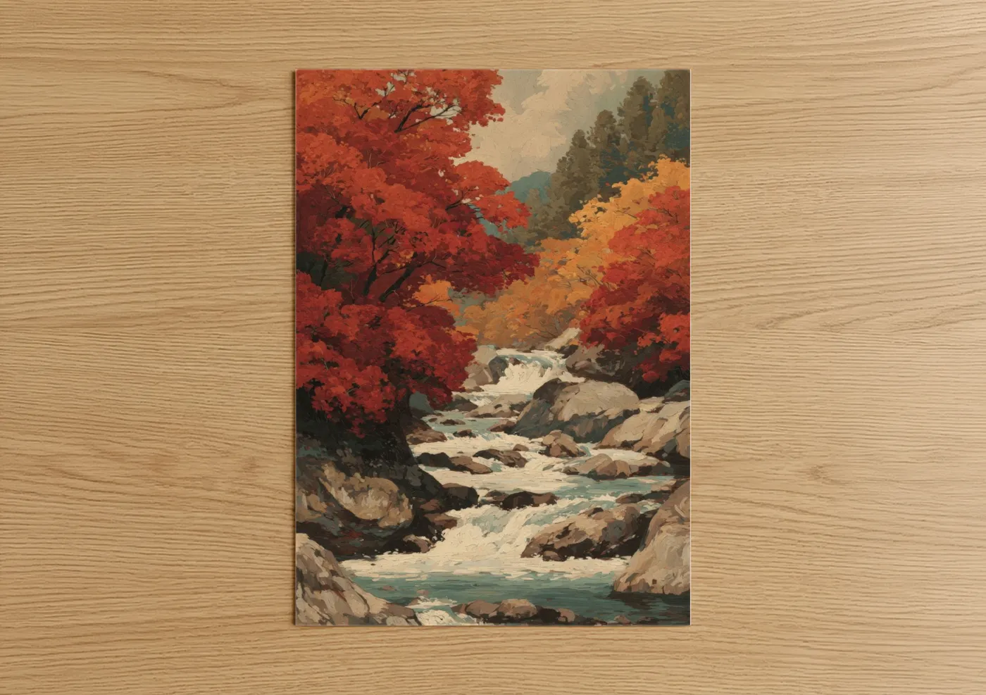 Rivers art print on warm oak wood — red and orange palette — Autumn River Canyon poster