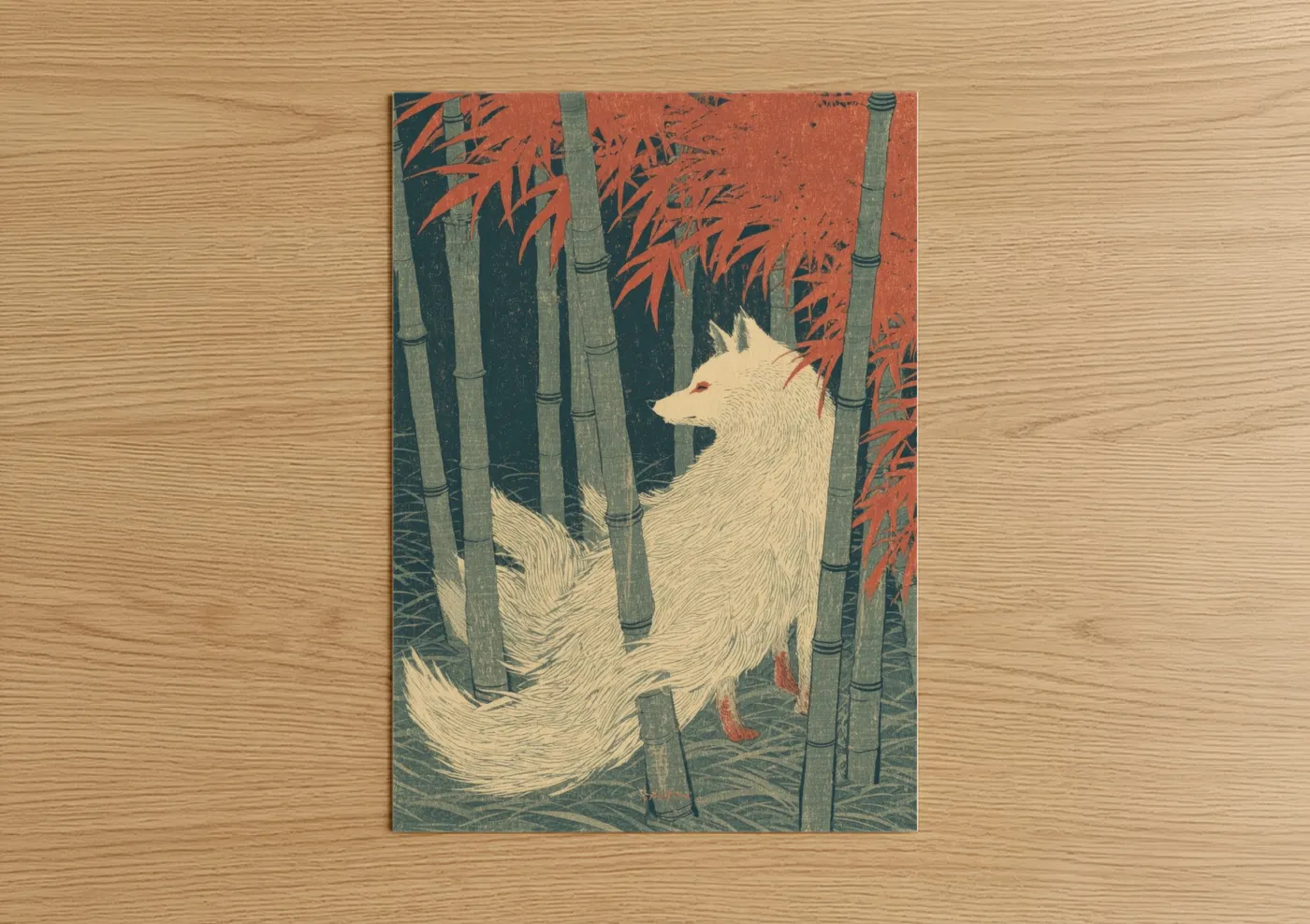 Fairytale art print on warm oak wood — orange and teal palette — Mystical Fox poster