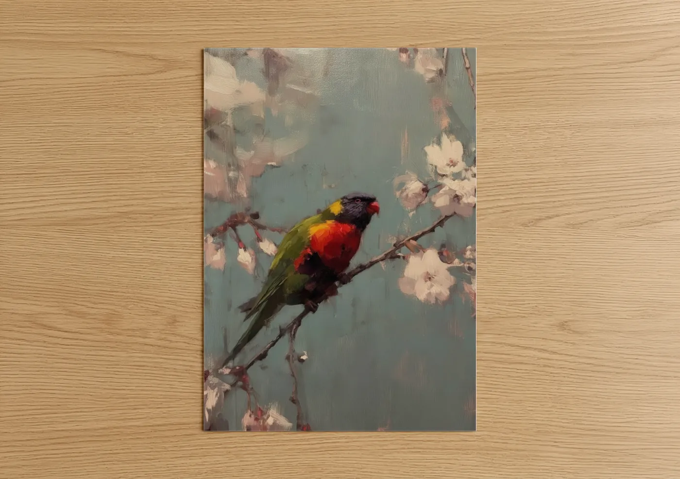 Rainbow lorikeet art print on warm oak wood — teal and rose gold palette — Blossom Lorikeet poster