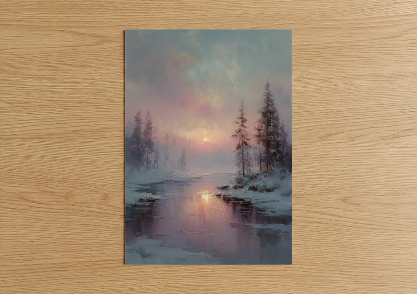 Winter sunrise frozen river pine trees Wall Art