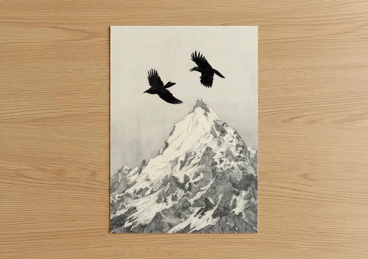 Black Ravens Snow Mountain Pencil Wall Art