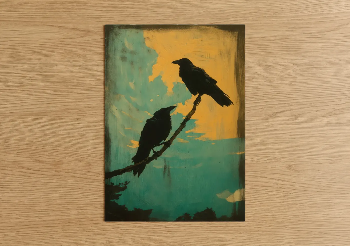 Golden Sunset Ravens Silhouette Wall Art