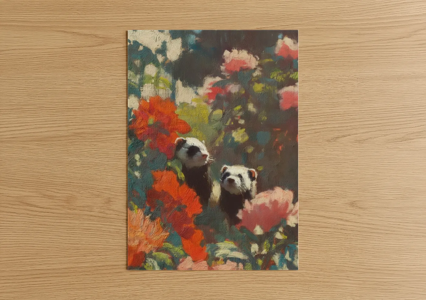 Art print on warm oak wood — red and yellow gold palette — Garden Ferrets poster