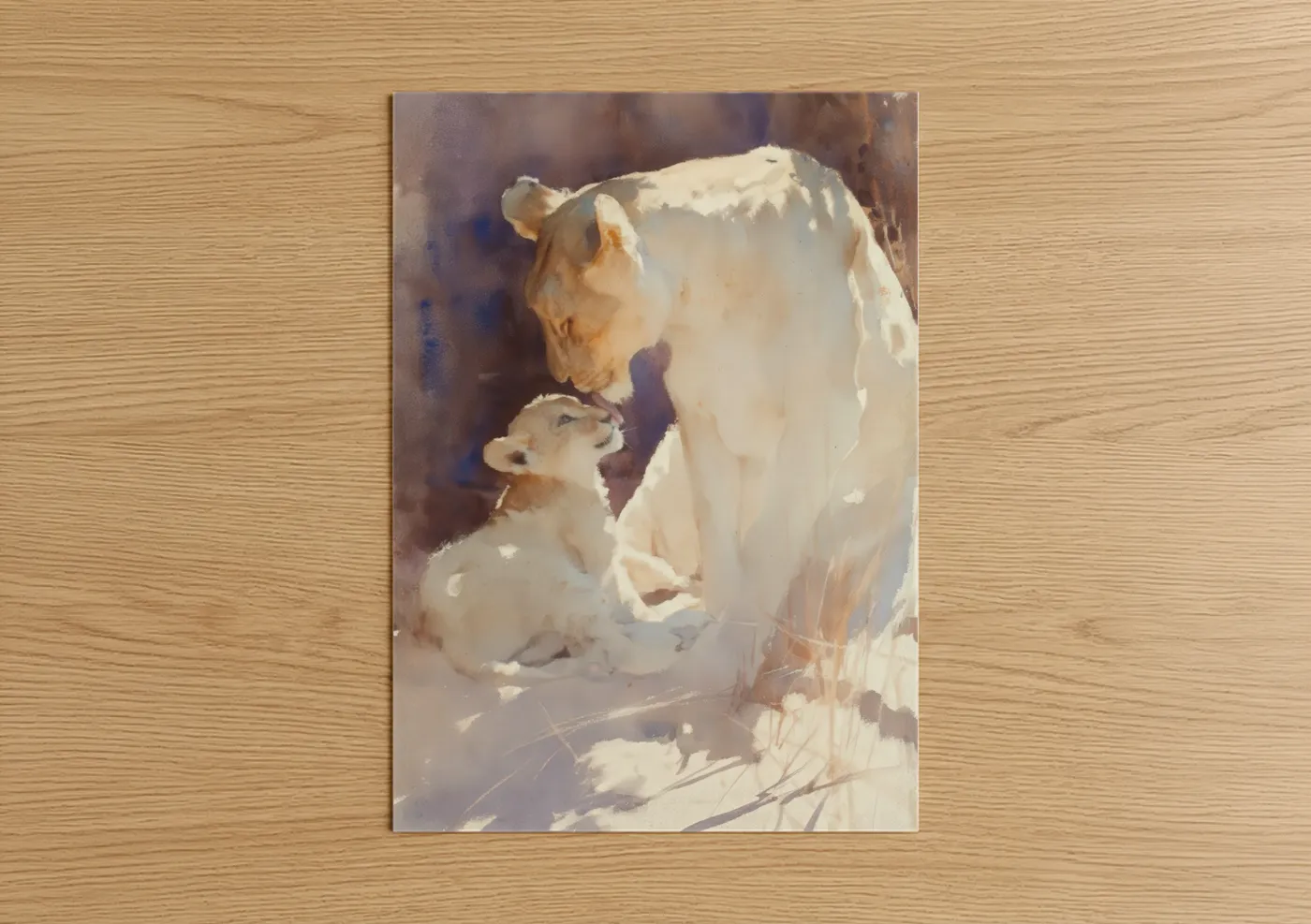 Lioness and Cub Watercolor Painting Wall Art