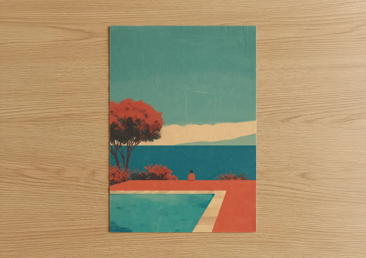 Swimming art print on warm oak wood — teal and russet palette — Poolside Serenity poster
