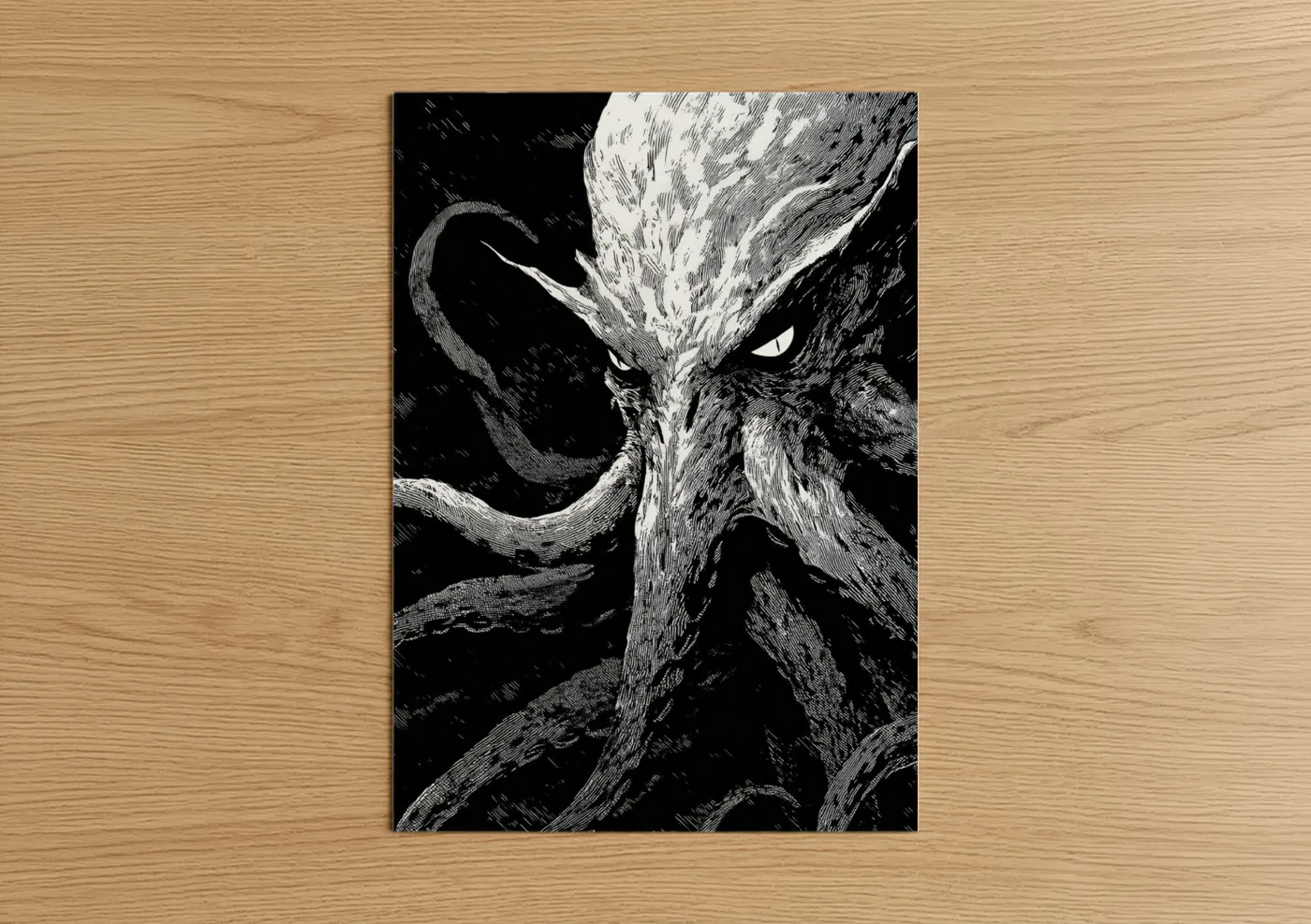 Art print on warm oak wood — black and white palette — Cosmic Cthulhu poster