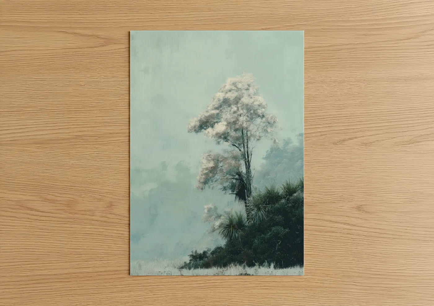 Art print on warm oak wood — sage green and gray palette — Misty Kauri Tree poster