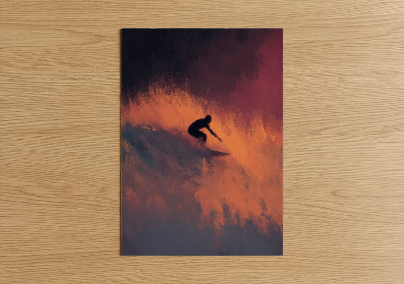Water surfing art print on warm oak wood — orange and red palette — Sunset Wave Rider poster