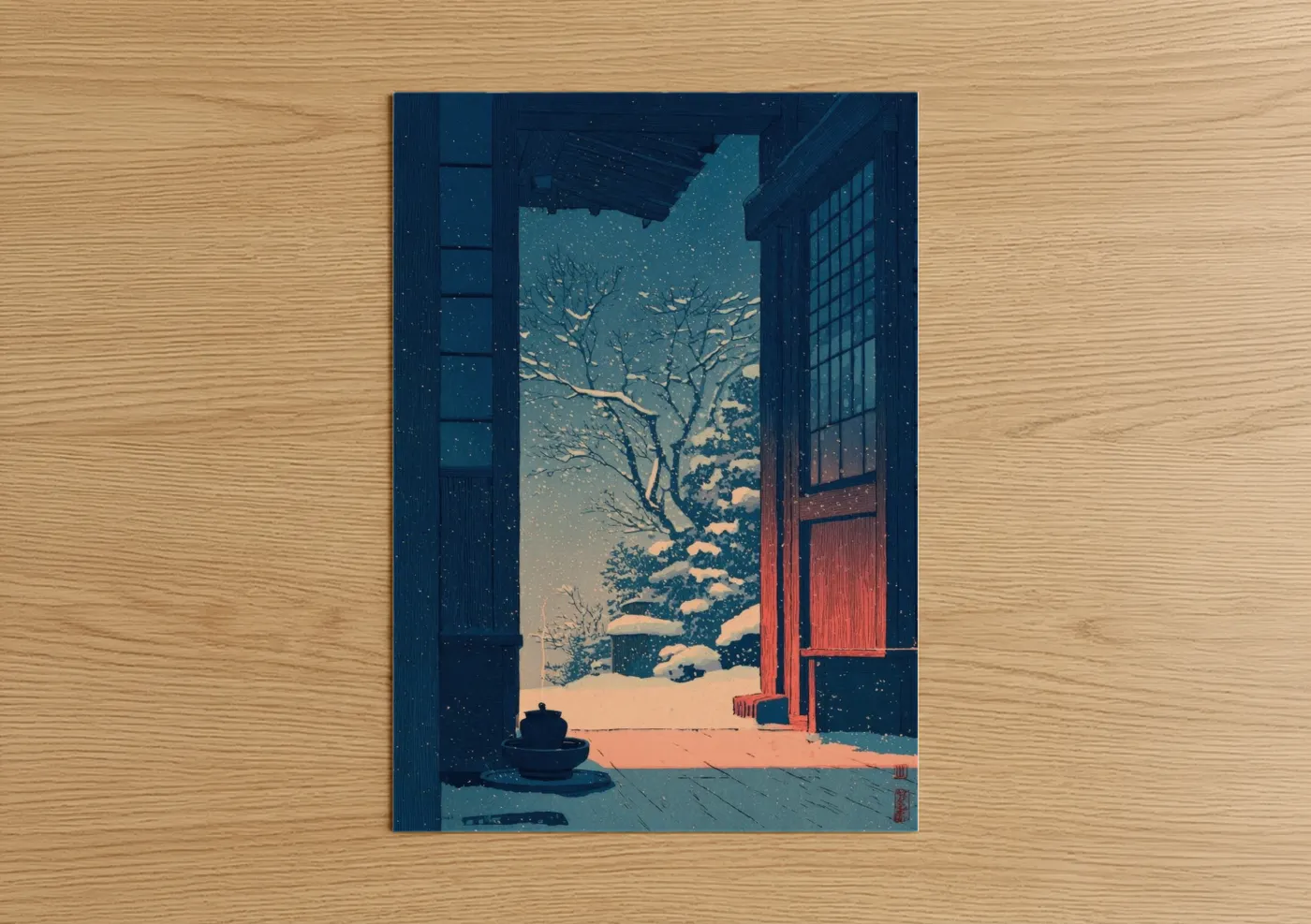 Fireplace art print on warm oak wood — dark blue and gold palette — Snowy Winter Refuge poster