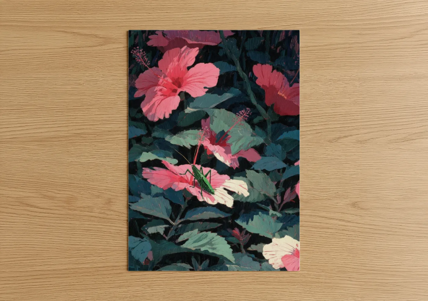 Art print on warm oak wood — pink and dark blue palette — Hibiscus Grasshopper poster