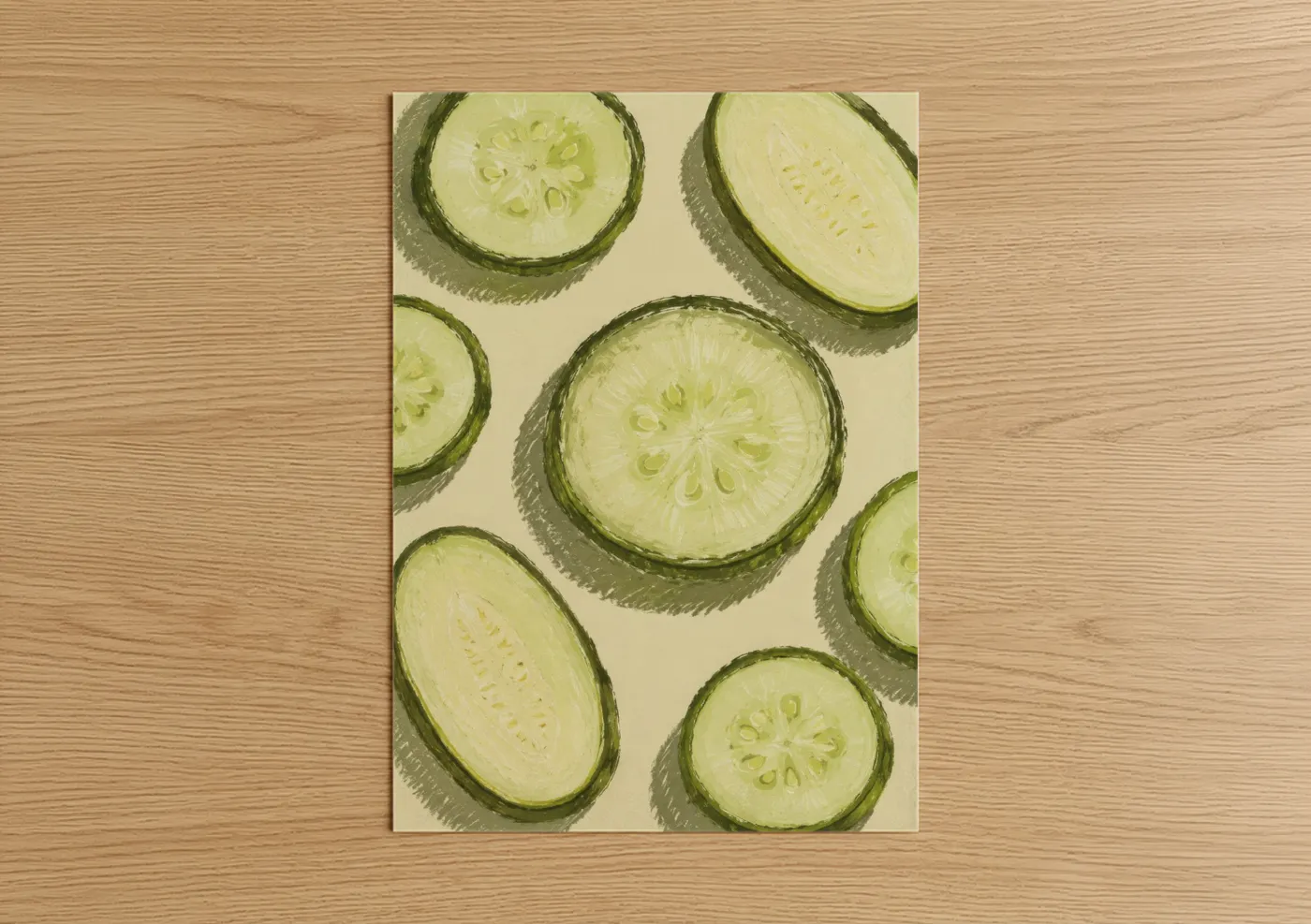 Vegetable art print on warm oak wood — light green and cream palette — Cucumber Slices Kitchen Wall Art poster
