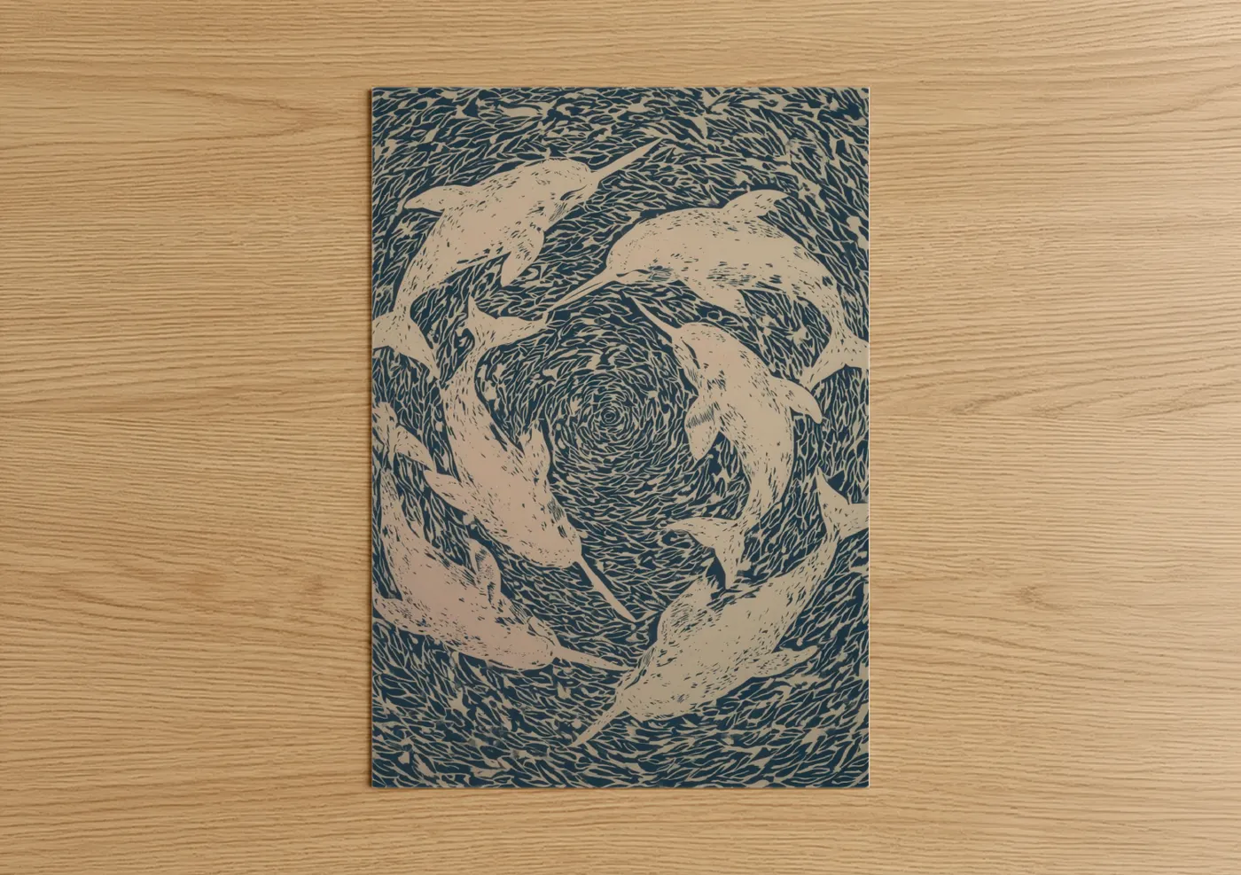 Art print on warm oak wood — cream and dark blue palette — Spiraling Narwhals poster