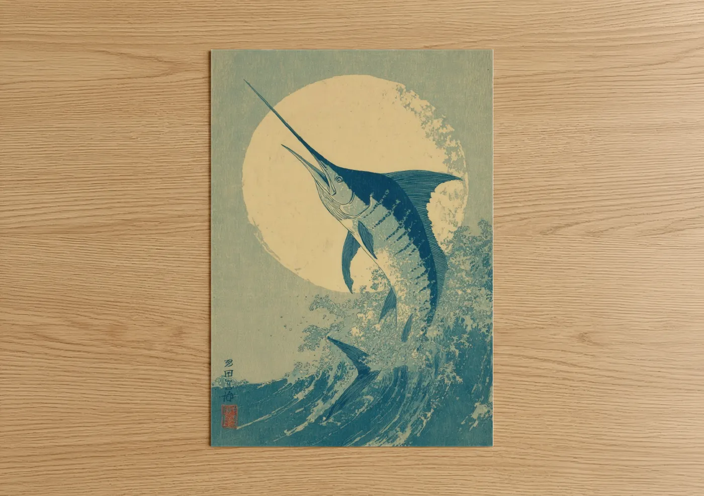 Blue Marlin Wave Japanese Woodblock Wall Art