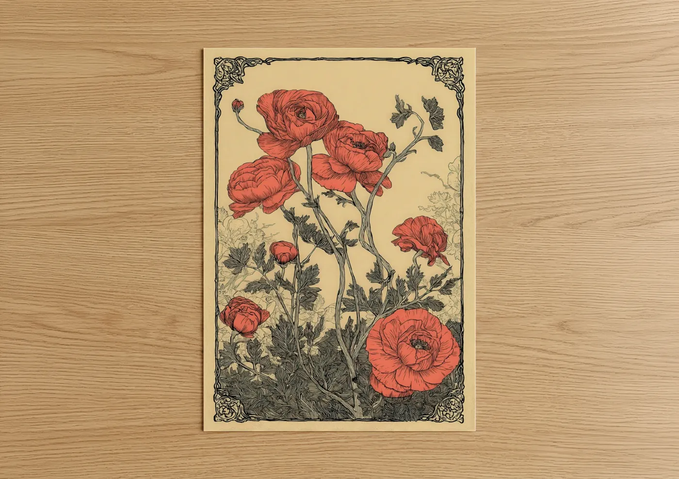 Coral Ranunculus Botanical Art Illustration Wall Art