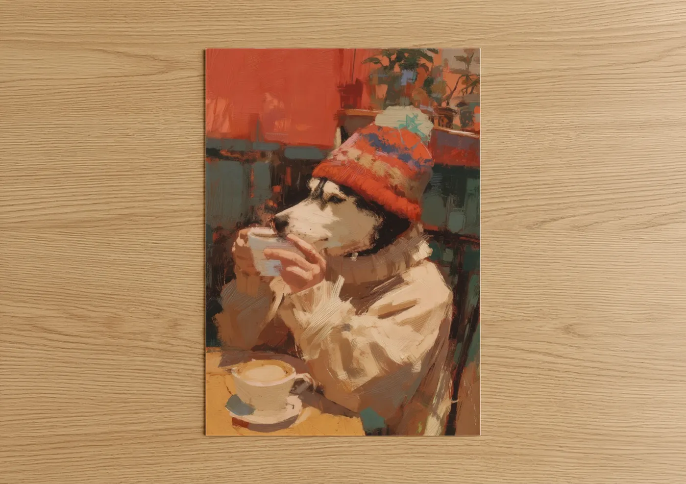 Art print on warm oak wood — orange and cream palette — Cozy Husky poster