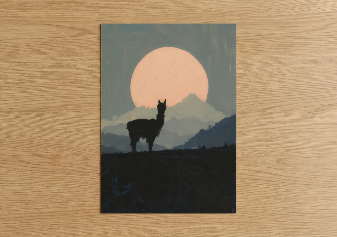 Art print on warm oak wood — peach and gray palette — Sunset Alpaca poster