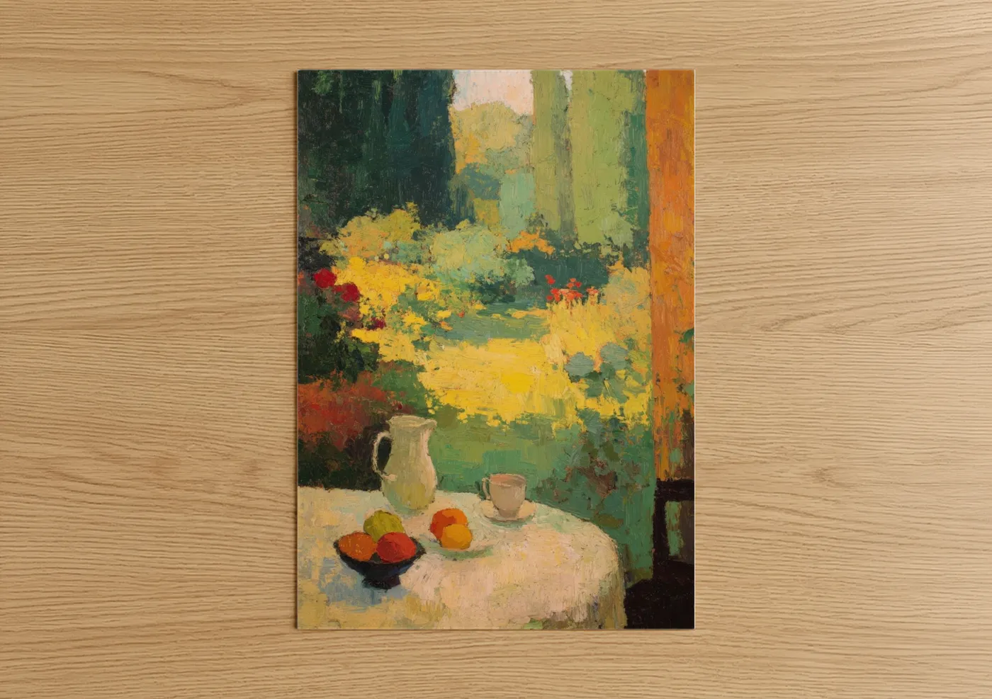 Breakfast art print on warm oak wood — yellow gold and true green palette — Morning Garden Still Life poster