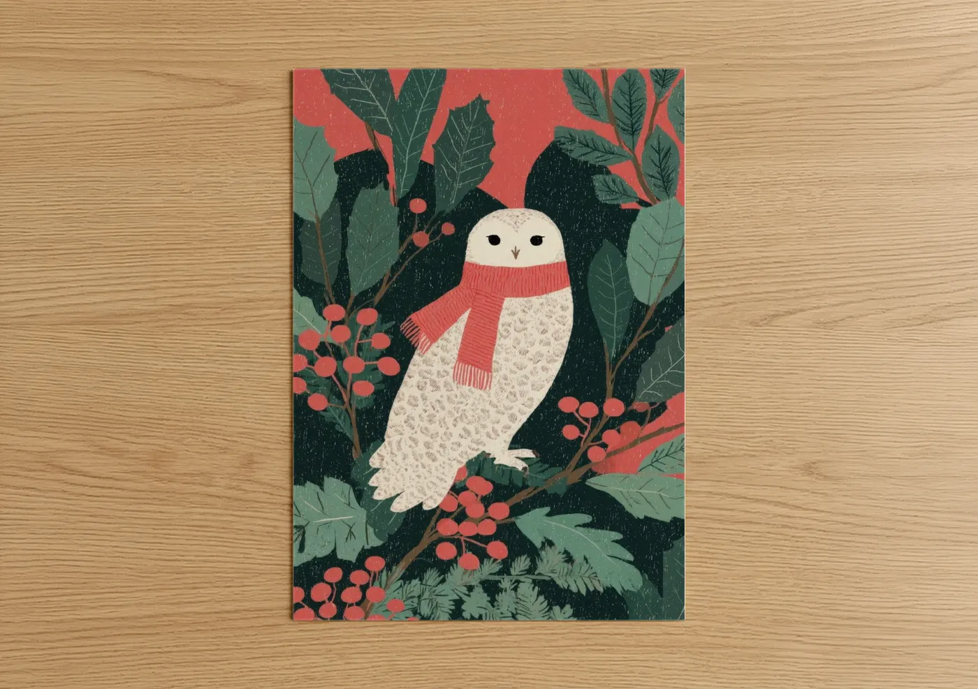 Cozy Snowy Owl Christmas Illustration Wall Art