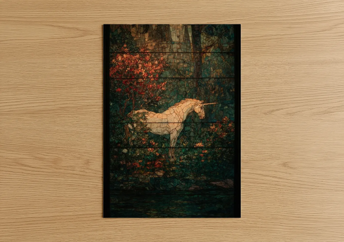 Unicorns art print on warm oak wood — teal and gold palette — Enchanted Unicorn poster