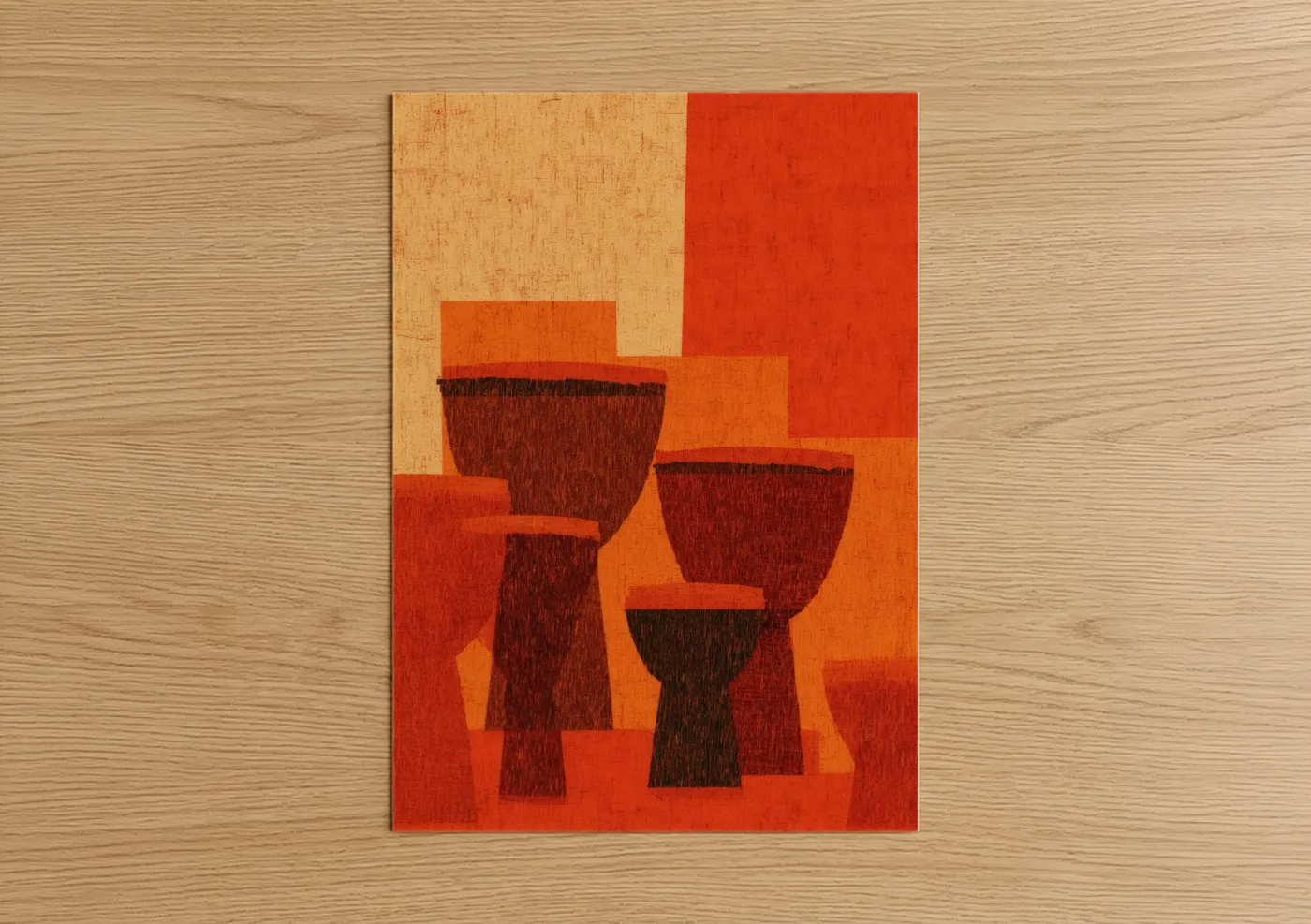 Art print on warm oak wood — red and orange palette — Geometric Drums poster