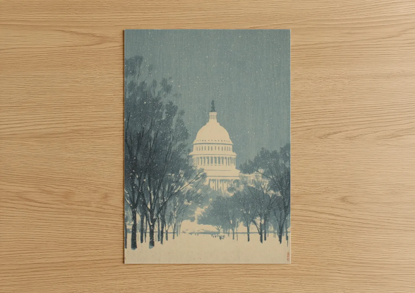 Us capitol art print on warm oak wood — dove gray and cream palette — Snowy Capitol poster